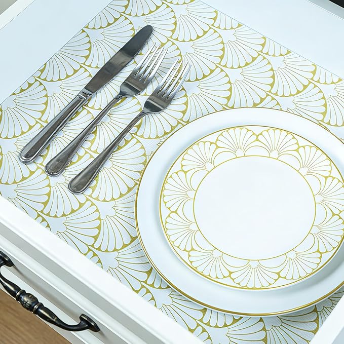 Shelf Liners Non Adhesive Gold Background White Fan-Shaped Pattern - Thickened Non-Slip Easy to Clean Drawer Liner for Kitchen Cabinets, Tool Box,Refrigerator,with Knife & Tape Measure,12in x 20FT.