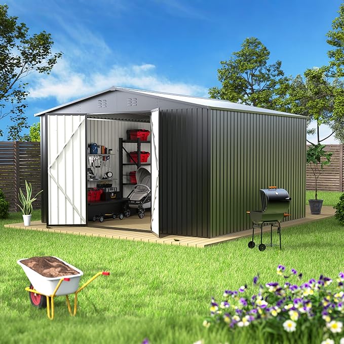 10 x 10 FT Outdoor Storage Shed, Metal Waterproof Storage Shed Steel Utility Garden Tool Shed with Door & Lock Outdoor Storage for Garden Patio Lawn Poolside Black