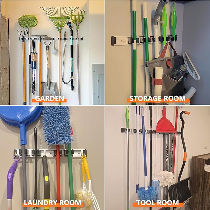 reliahom Broom Holder Wall Mount, 4 Racks with 5 Hooks Black - Mop Storage Tool Racks, Broom Hanger Tool Organizer for Garage, Kitchen, Garden, Laundry Room