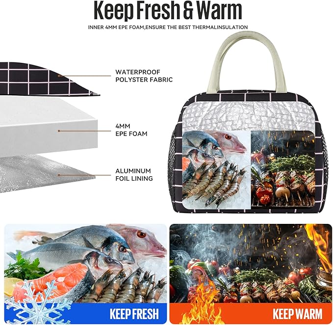 Lunch Bag Women/Men Lunch Box Women/Men (Black+Pink Blocks)