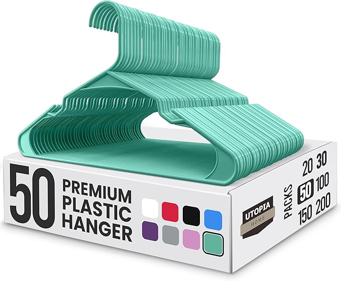 Utopia Home Plastic Hangers 50 Pack - Perfect Space Saving Clothes Hanger - Durable and Strong - Perfect Closet Organizers with Shoulder Grooves (Aqua)