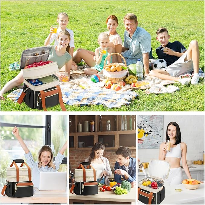 Insulated Lunch Bag & Lunch Box for Women - Double Deck Reusable Lunch Bag for men Tote Cooler Bag Leakproof Soft Expandable - Large Lunchbox for Work/Adult/Picnic/Outdoor (Coffee Black，15L)