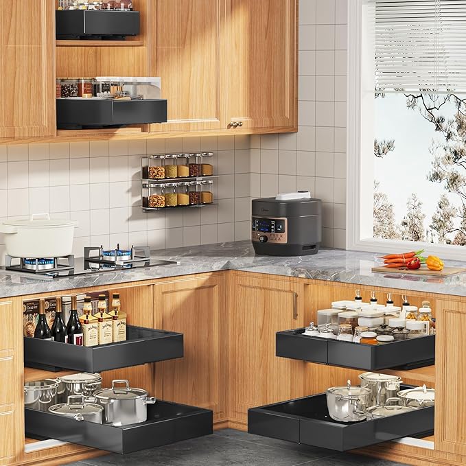2 Pack Expandable Pull Out Cabinet Organizer 21" Deep with Raising Pad for Framed Cabinets,Upgrade 3 Slide Rails Slide Out Drawers,Roll Out Shelves Adhesive,Adjustable Width 9"-14.1" Black