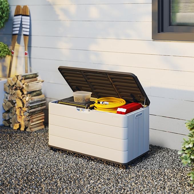 100GAL Square Storage Box (With Wheels) White，Waterproof Resin Storage Bin for Patio Cushions，Accessories，UV Resistan