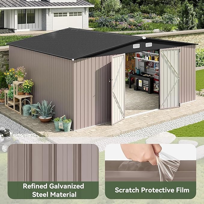 Aoxun 14x12 FT Large Shed Outdoor Storage Shed with 2 Large and Tall Doors, Utility Tool Shed Storage House with Lock, Metal Sheds with Sloped Roof for Patio Garden Lawn, Brown
