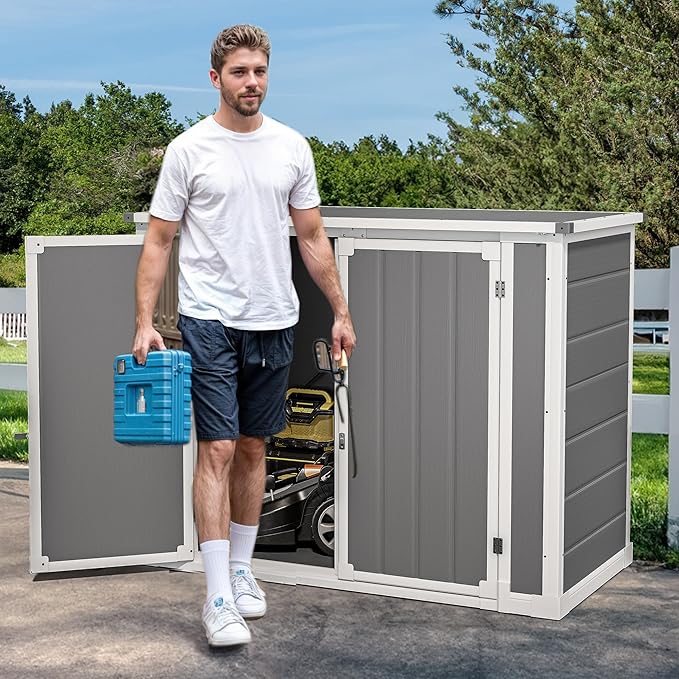 DWVO 41 Cu.ft Horizontal Resin Storage Shed, All Weather 4.7x2.5 FT Outdoor Garden Shed with Hydraulic Struts, 3 Locks, Lockable to Floor for Garden Tools, Trash Cans, Gray