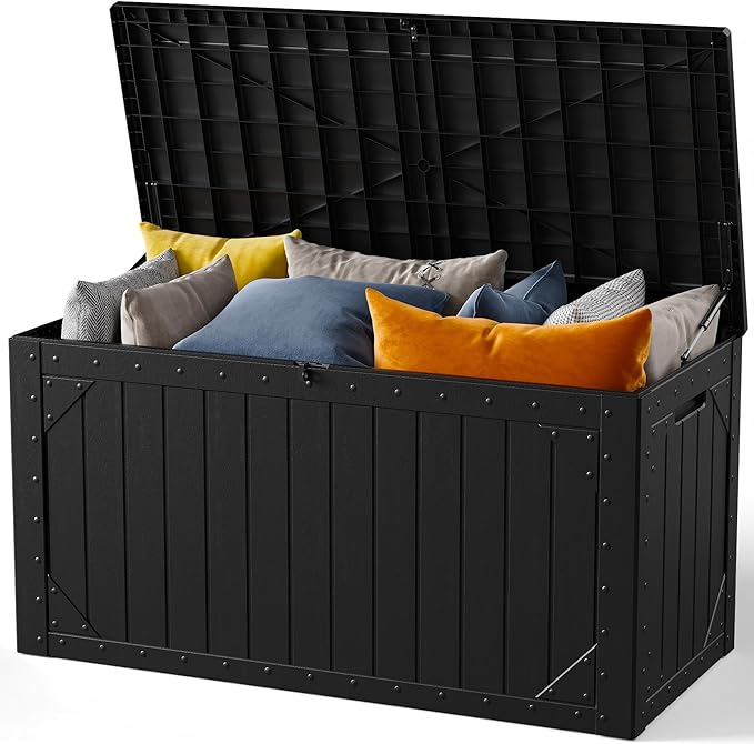 100 Gallon Outdoor Storage Box, Waterproof Resin Deck Box Organizer for Patio Cushion Storage, Lockable Outside Container for Garden Tools