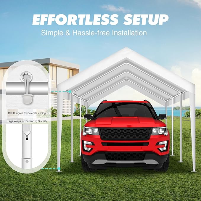 10x20FT Carport Canopy Replacement Cover Heavy Duty Waterproof & UV Protected, All Weather Car Shade Canopy with Ball Bungees (White, 10'x20', Frame is not Included)