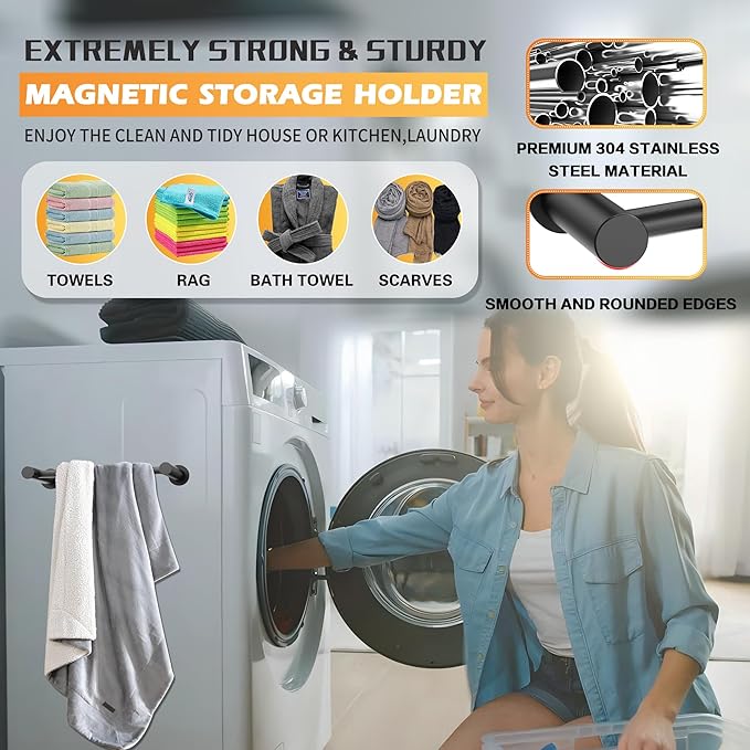ULIBERMAGNET Magnetic Towel Holder, 1 Set Magnetic Towel Bar Holder with Adjustable Length, Matte Black Non-Slip Magnetic Towel Rod Rack for Refrigerator, Dishwasher, Laundry, Kitchen Stove