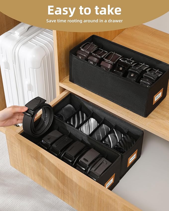 4 PCS Belt Organizer for Drawer & Closet, 6 Grids Foldable Fabric Belt Holder, Washable Belt Storage Box, Tie Organizer for Men