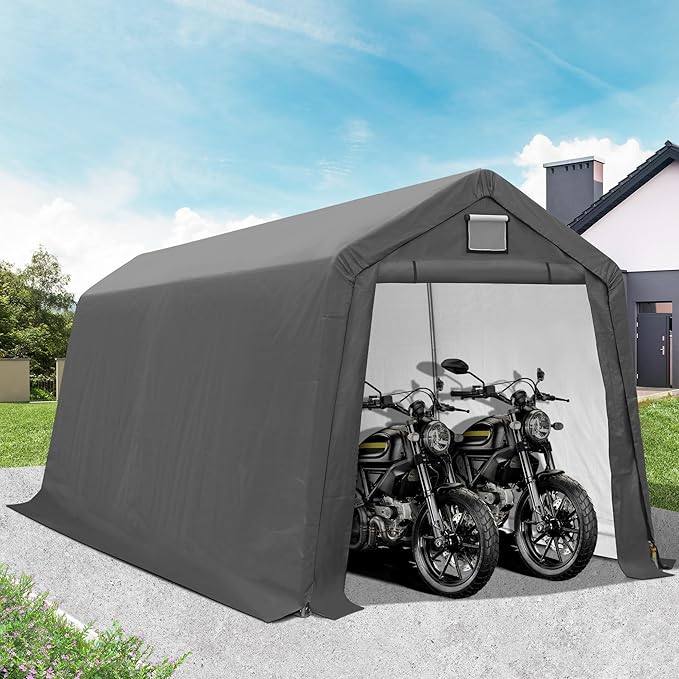 GARTOO 7' x 12' Outdoor Storage Shed- Heavy Duty Storage Shelter Tent with Roll-up Ventilated Door, Portable Garage Zipper Storage shed for Bike, ATV, Motorcycle Shelter, Gray