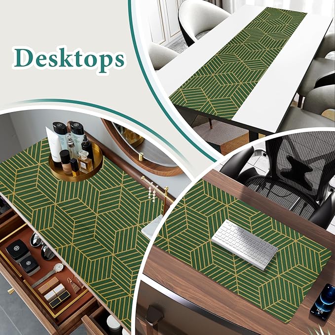 Shelf Liners for Kitchen Cabinets 23.6in x 20FT, Non Adhesive Cabinet Liner Strong Non-Slip Thickened Gold Green Geometric Drawer Liner, Easy to Clean for Shelf, Cabinet with Knife and Tape Measure