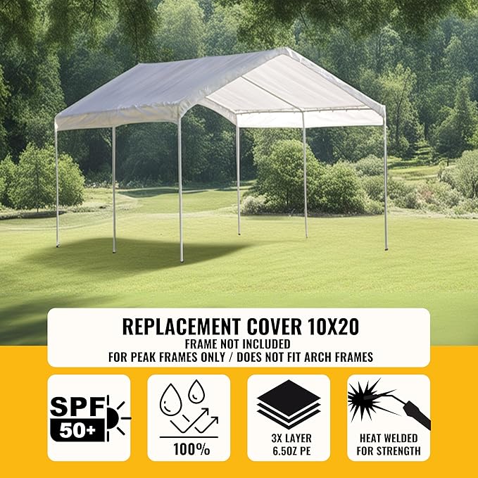 10x20 ft Carport Replacement Canopy Cover - Heavy-Duty Waterproof Tarp with UV Protection, Easy Install Canopy Shelter Top (Frame NOT Included)