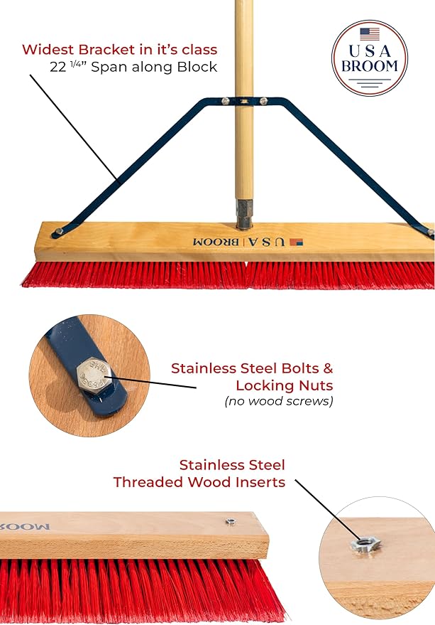 1-Pack - 24" Red Everyday Sweep Indoor/Outdoor Push Broom with 60" Handle. Ideal for Garages & Shops. Durable American Made Steel Brackets-All Stainless Steel Hardware. No Plastic. 100% USA Made