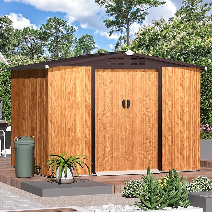 AECOJOY 6' x 8' Shed, Wood Grain Sheds & Outdoor Storage Clearance with Sliding Door, Metal Tool Shed Storage Cabinet, Garden Backyard Shed for Yard, Outdoor Storage Clearance in Dark Grey