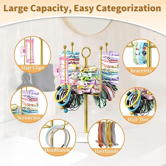 Scrunchie Holder for Desktop, Hair Tie Organizer Wall Mount, Metal Claw Clip Organizer, Headband Storage for Women Hair Accessories Display Stand for Hairbow, Bracelets, Ropes Ties (Gold)
