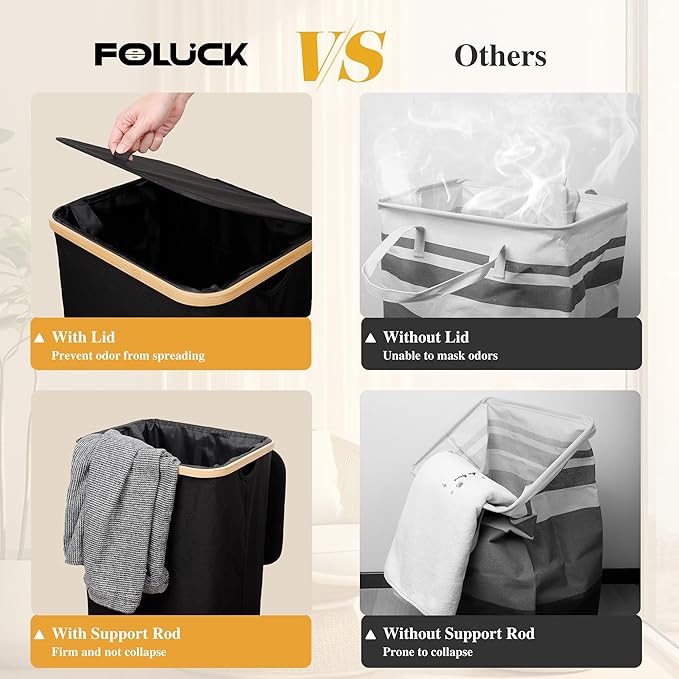 Large Laundry Hamper, 75L Waterproof Laundry Basket with Lid and Removable Bag, Collapsible Tall Clothes Hamper with Bamboo Handles for Clothes Toys in Dorm Bedroom Bathroom, Black