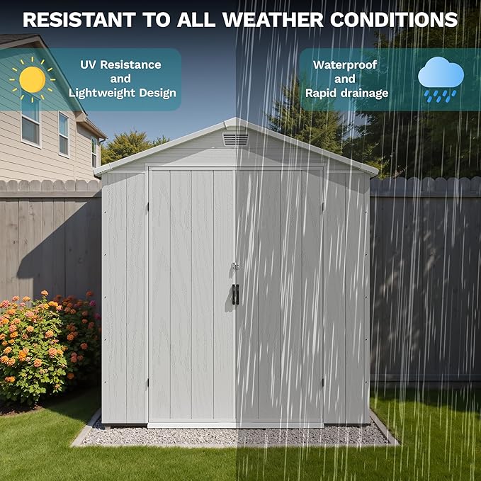 Devoko 6x4 FT Plastic Storage Shed, Outdoor Resin Garden Shed with Floor, Waterproof Tool Storage Shed with Lockable Door and Window for Patio, Garden, Backyard, Light Gray