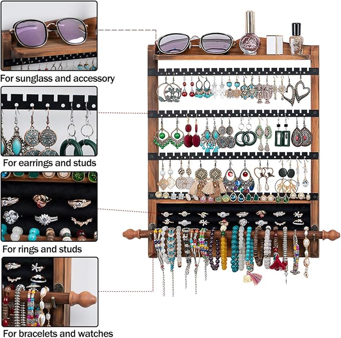 QILICHZ 3Pcs Jewelry Organizers and Storage,Wood Earring Organizer,Hanging Jewelry Organizer,Rustic Wall Jewellery Organizer,Wall Mounted Earring Holder for Storage Display Gift (Brown+Black)