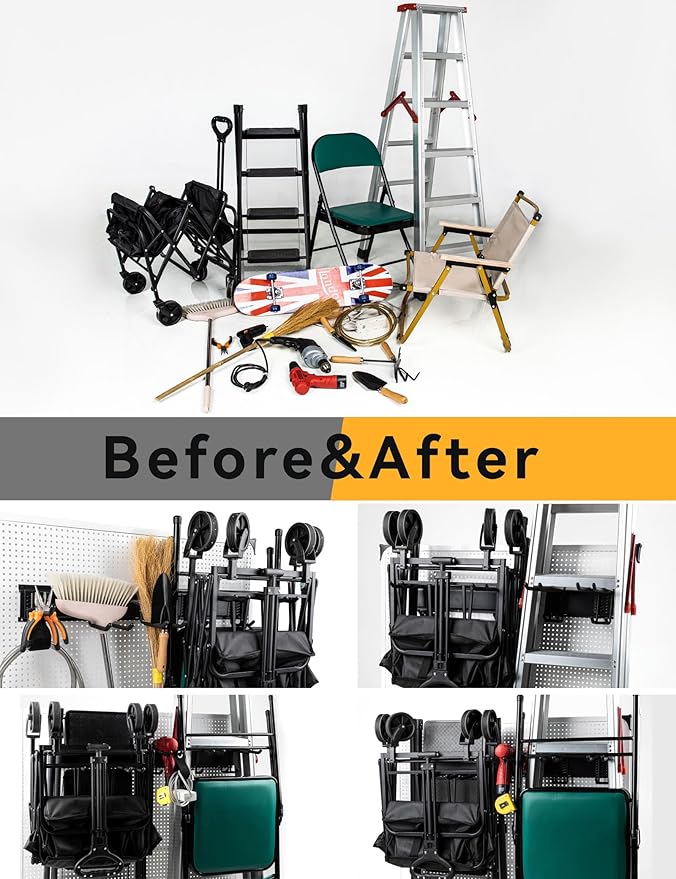 96 Inch Wall Mount Garden Tool Organizer with 22 PCS Adjustable Garden Tool Hanger Rack for Garage Storage, Max Load 960lbs, Black Iron, 96 x 1 x 4 Inches