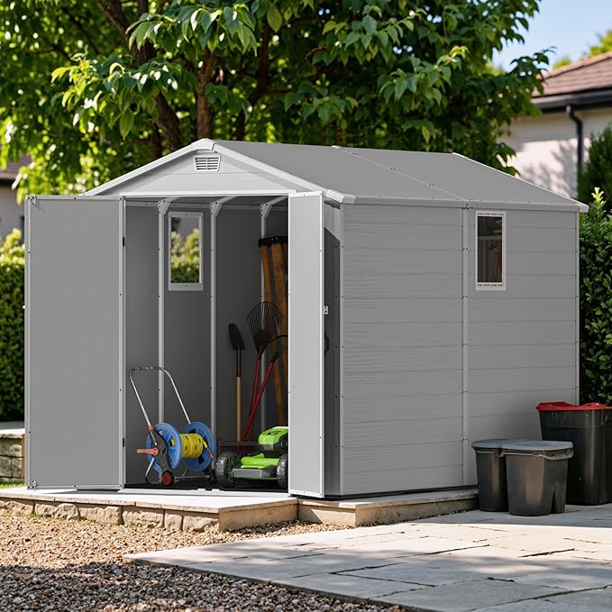 Devoko 6x10 FT Plastic Outdoor Storage Shed with Floor, Resin Garden Shed with Lockable Door and Window, Waterproof Outside Tool Storage Shed for Patio, Garden, Backyard, Light Gray