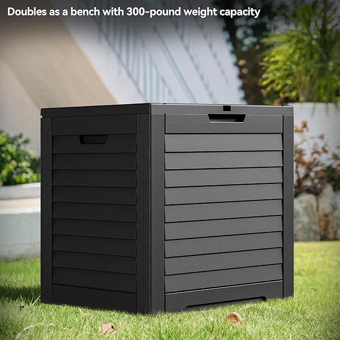 DWVO Louvered Large Deck Box, 35 Gallon Resin Outdoor Storage Box for Patio Furniture, Garden Tools and Pool Supplies, Lockable Lid and Side Handles, Waterproof and UV Resistant, Black