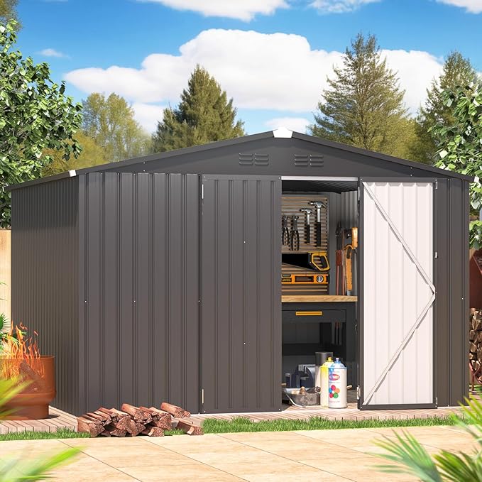 AECOJOY 8' x 10' Outdoor Storage Metal Shed, Dark Grey Steel Yard Shed & Outdoor Storage Clearance with Design of Lockable Doors, Utility and Tool Storage for Garden, Backyard, Patio, Outside use