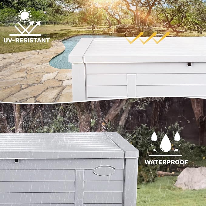 DWVO Large Deck Box 150 Gallon Waterproof Outdoor Storage Box, Extra Large Outdoor Bin, Resin Louvered Patio Storage for Indoor Pillows, Garden Tools & Pool Supplies, Lockable, White