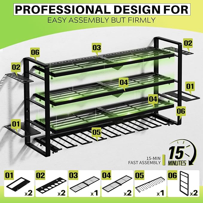 Power Tool Organizer Wall Mount - Storage Rack with 4 Drill Holders for Drills Cordless Tools. Heavy Duty Iron Garage Tool Organizer Storage for Workshop Shed (8 Slots 4 Layers 4)