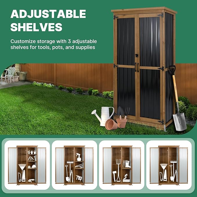 Outdoor Storage Cabinet, Tall Tool Garden Cabinet with Weather-Resistant Roof, Double Lockable Doors, 3 Removable Shelves & Adjustable Feet, for Patio, Garden, Backyard, 32" x 15.5" x 66"