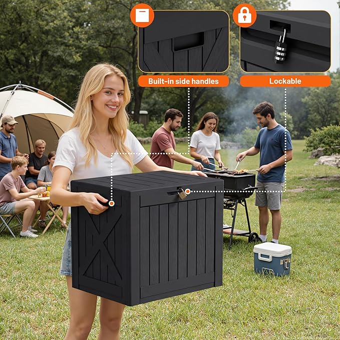 42 Gallon Outdoor Storage Box, Lockable Resin Deck Box for Patio, Yard, and Poolside, Waterproof & Sunproof Organizer for Furniture, Tools, Pool Supplies, Black
