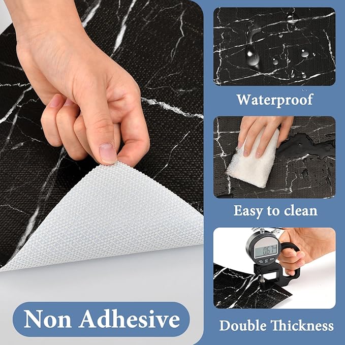 Drawer and Shelf Liner for Kitchen Cabinet: 23 in X 20 Ft Non Slip Waterproof Shelf Paper Non Adhesive Refrigerator Liners Black Marble Easy Liners for Bathroom with Knife Tape Measure