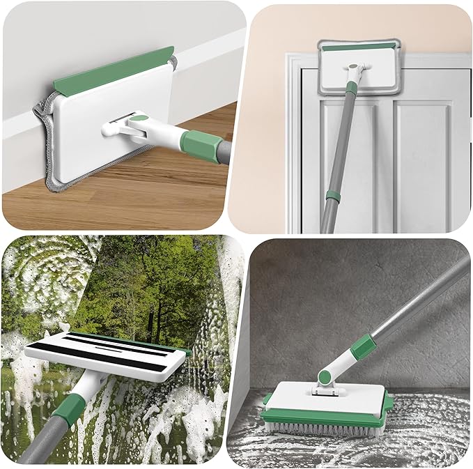 Baseboard Cleaner Tool with Handle, Wall Cleaner Mop with 54.7'' Adjustable Long Handled 1 Scrubber Brush Mop Head and 4 Reusable Cleaning Pads for Baseboards Cleaning, Ceiling, Skirting Board