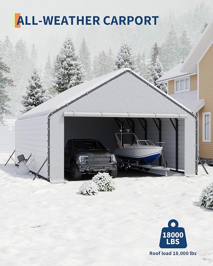 GarveeLife Heavy-Duty PE Enclosure Kit (2-Pack) for Metal Carport - 220gsm Roll-Up Zipper Door Panels for 20x25, 20x20 ft, with Ball Bungees, White
