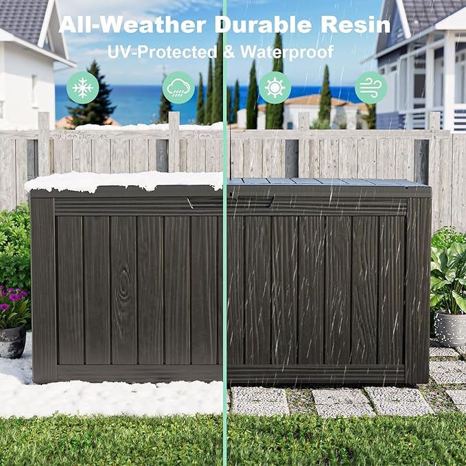 85 Gallon Outdoor Deck Box, Lockable Waterproof Outdoor Storage Boxes For Garden Tools,Indoor Cushions,Accessories Outside Storage Resin Weatherproof Container(Black)
