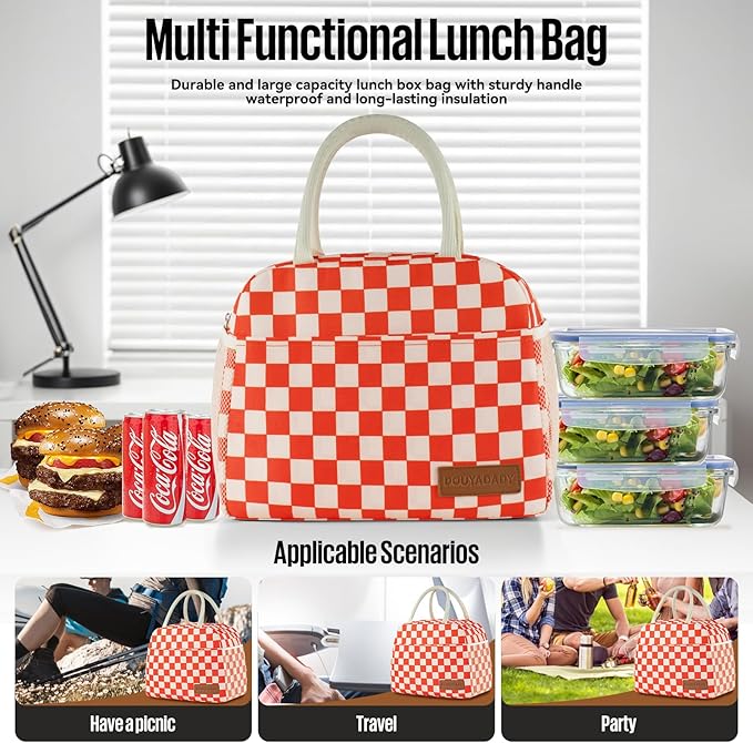 Lunch Bag Women/Men Lunch Box Women/Men (Red+Beige Checkerboard)