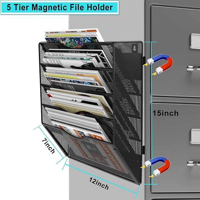 5 Tier Magnetic File Holder for File Cabinets, Refrigerator, Whiteboard, Office, No Drilling Installation Large Capacity Black Magnetic File Holder