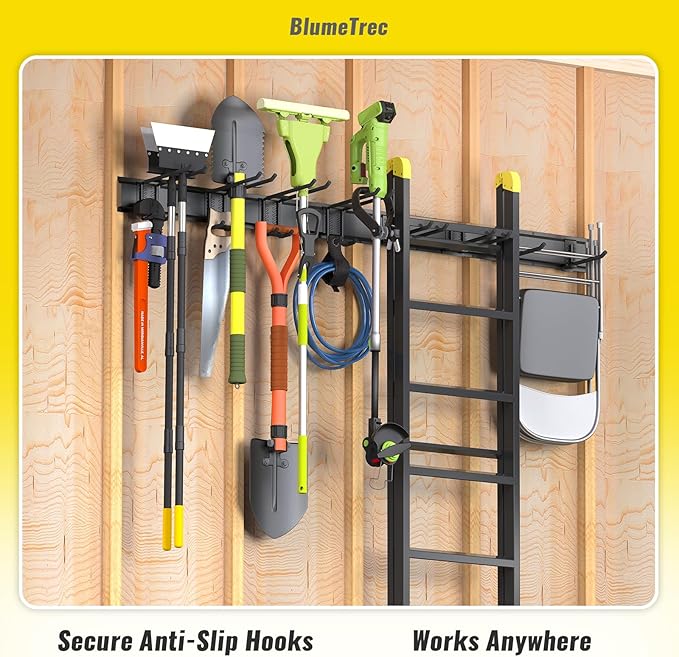 Garage Tool Organizer Wall Mount, 96" Heavy-Duty Metal Wall Organizer, 6 Rails with 12 Adjustable Hooks, Garden Storage Rack for Organization, Sturdy Tool Hanging Holder for Shovel Shed Yard