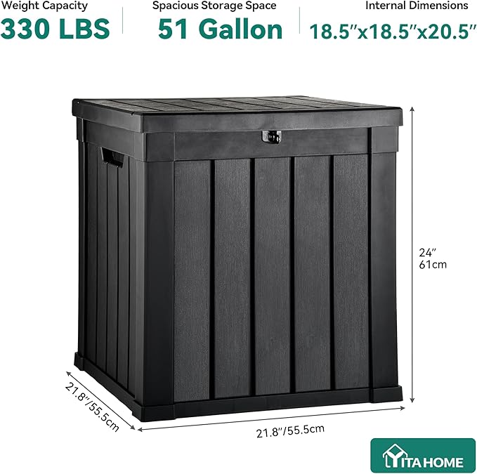 YITAHOME Deck Box, 51 Gallon Weatherproof Outdoor Storage Container for Patio Cushions, Pool Supplies, Garden Tools, Lockable Lid and Side Handles, Black
