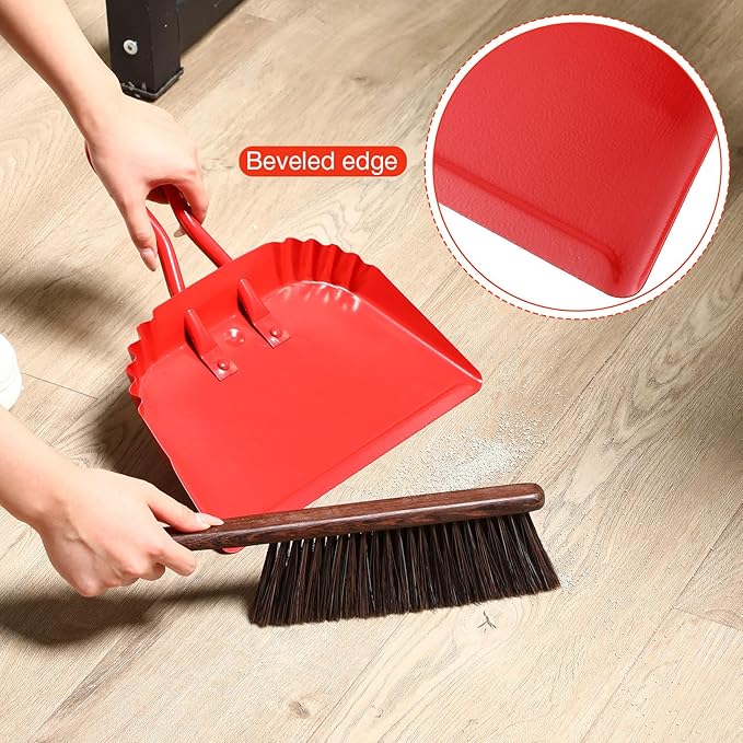 Mumufy 2-Pack Heavy Duty Stainless Steel Red Dustpan - 12" Wide Metal Edge for No-Leak Sweeping, Rust-Resistant for Home Garage Studio Courtyard Indoor Outdoor