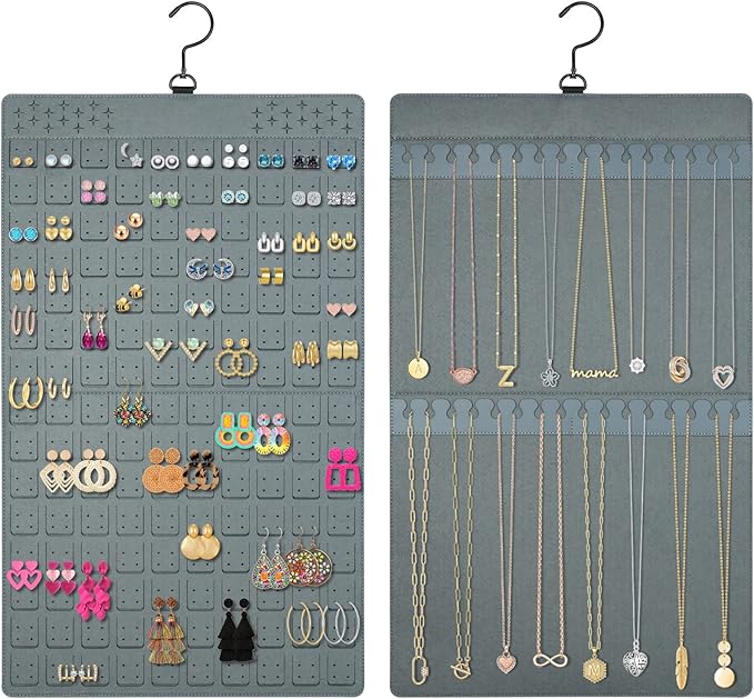 Dual-Sided Hanging Jewelry Organizer Holds Up to 300 Pairs of Earrings and 30 Necklaces (1 Pack)