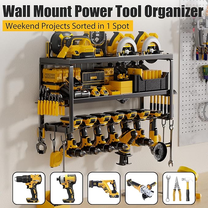 Power Tool Organizer, 7 Drill Holder for Tool Organizer, Storage and Organization for Garage, Heavy Duty Metal Tool Shelf Utility Rack for Cordless Power Tools Suitable for Pegboard/Workshop