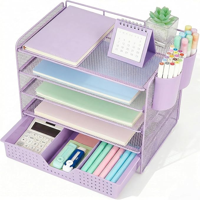 Desk Organizers and Accessories, 5-Tier Paper Letter Tray Organizer with Drawer & 2 Pen Holders, Desktop Organizer for Office Supplies (Purple)