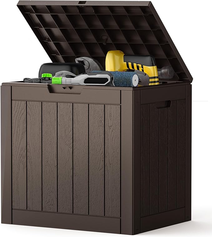 NEWBULIG 31 Gallon Outdoor Storage Box, Waterproof Deck Box with Lockable Lid, Patio Furniture Bench & Side Table, Easy Assembly, for Garden, Pool, Patio & Backyard Organization, Brown