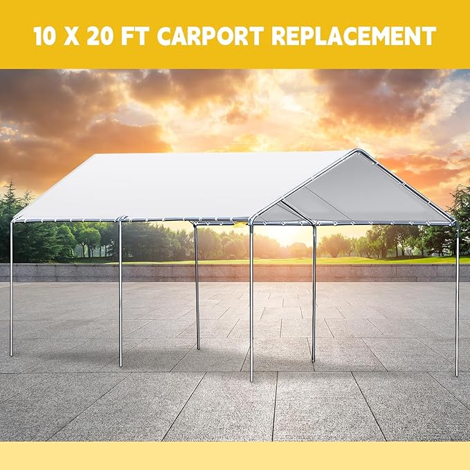 10 x 20 ft Heavy Duty Carport Canopy Waterproof Garage Car Shelter Tarp Tent for Car Canopy Replacement Cover with 50 Ball Bungees, Only Top Cover, Frame is Not Included