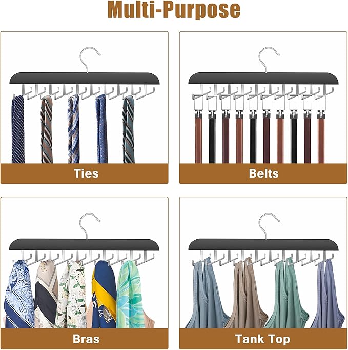 Tie Rack Hanger for Closet, 2 in 1 Belt Tie Hangers with 20 Folding Hooks, 360 Degree Rotating Wooden Tie Holder Organizer for Men Ties Belts Scarves Tank Tops Accessories, Black (2 Pack)
