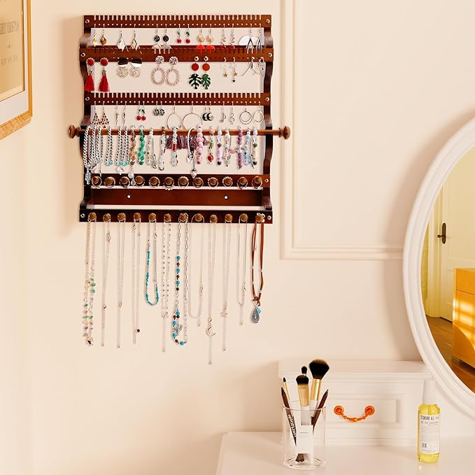 Wall Jewelry Organizer 6-Tier Bracelet Holder Jewelry Organizer Wall-Mounted Wooden Hanging Jewelry holder for Necklace Holder, Ring Display, & Earring Storage for Home or Gift