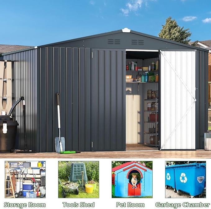 AECOJOY 10' x 12' Shed, Outdoor Storage Shed, Dark Grey Large 12x10 Sheds & Outdoor Storage Clearance with Lockable Doors, Utility and Tool Storage Garden Shed Backyard, Patio and Outside