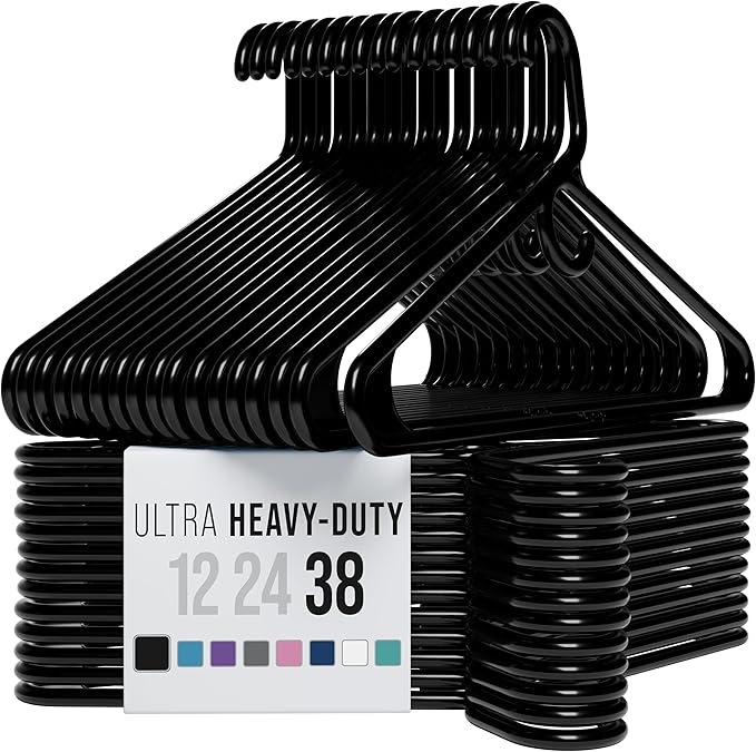 NEATERIZE Ultra Heavy Duty Plastic Clothes Hangers - Black - Durable Coat, Suit and Clothes Hanger. Perchas De Ropa (38 Pack - Black)