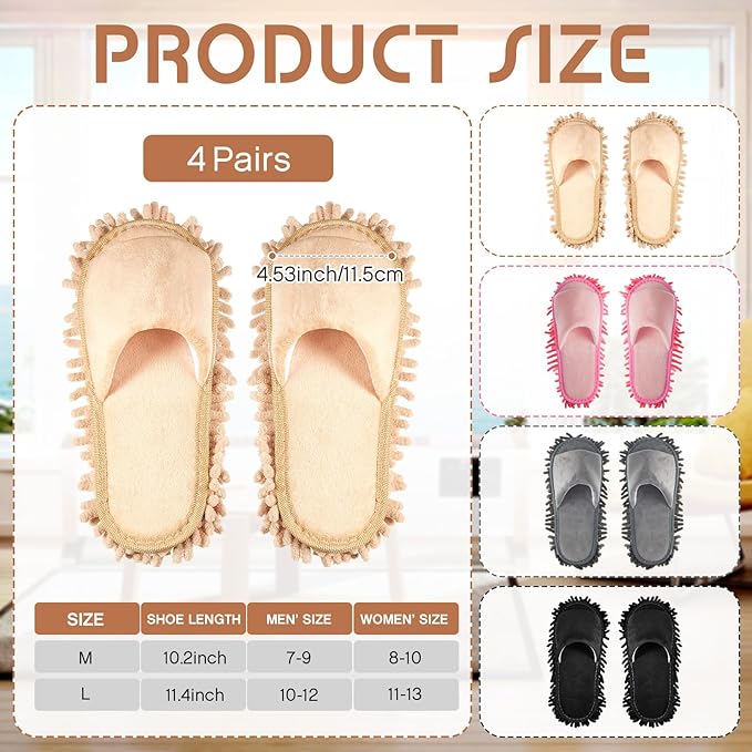 Jecery 4-Pair Washable Microfiber Mop Slippers - Detachable Dusting Shoes for Floor Cleaning, Office & Home Use - Suitable for Women & Men (Black, Beige, Pink, Gray,M Size)
